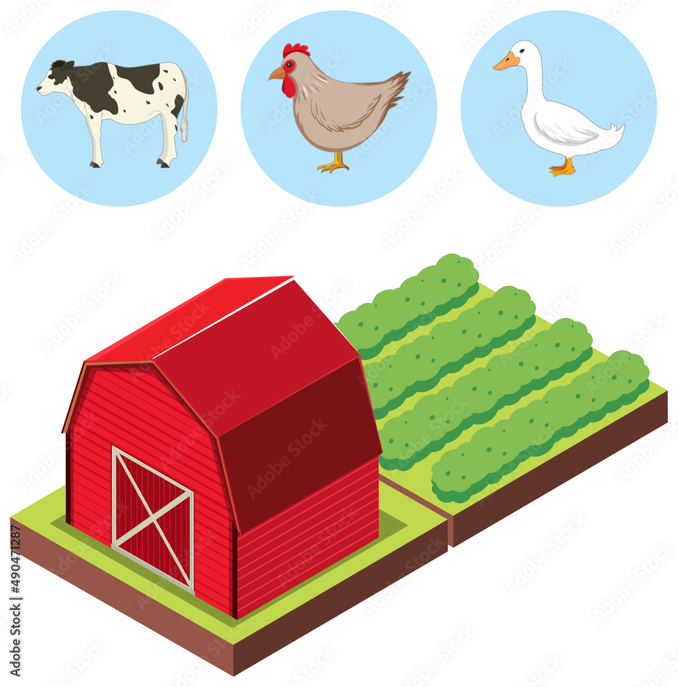 Isometric red barn farm with animal icons