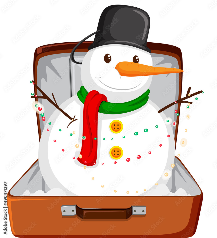 Christmas theme with snowman in a luggage on white background