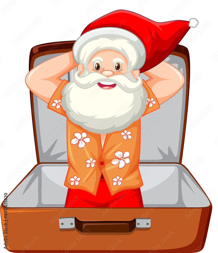 Christmas theme with Santa in a luggage on white background