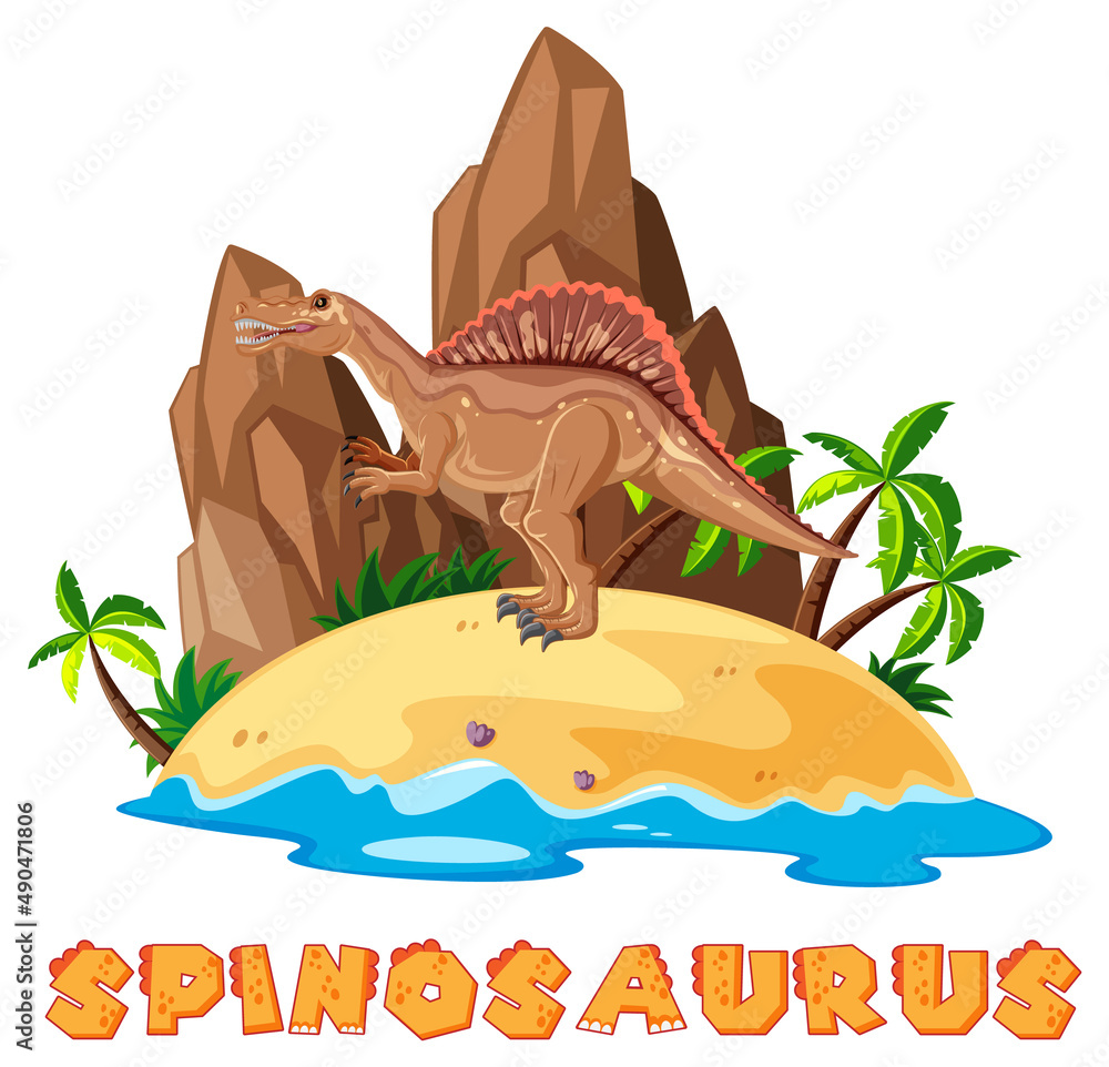 Wordcard design for spinosaurus on island