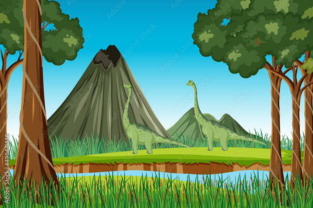 Scene with brachiosaurus in forest