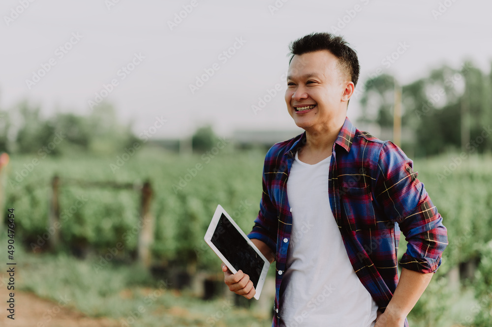 asian farmer using tablet computer in wheat crop field, concept of modern smart farming by using ele