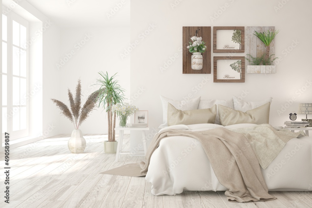 Soft color bedroom interior. Scandinavian design. 3D illustration