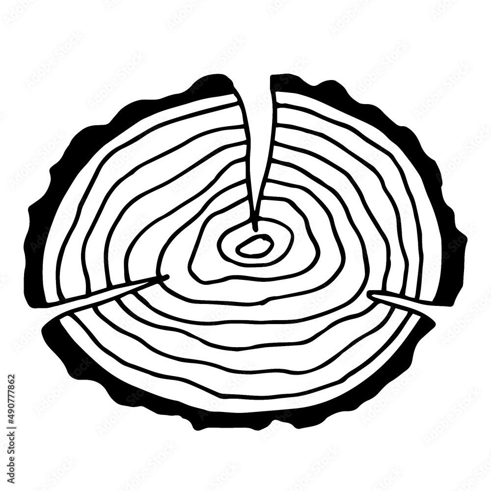 felled a tree. simple line drawing, graphics. sawn wood, fragment. black and white illustration