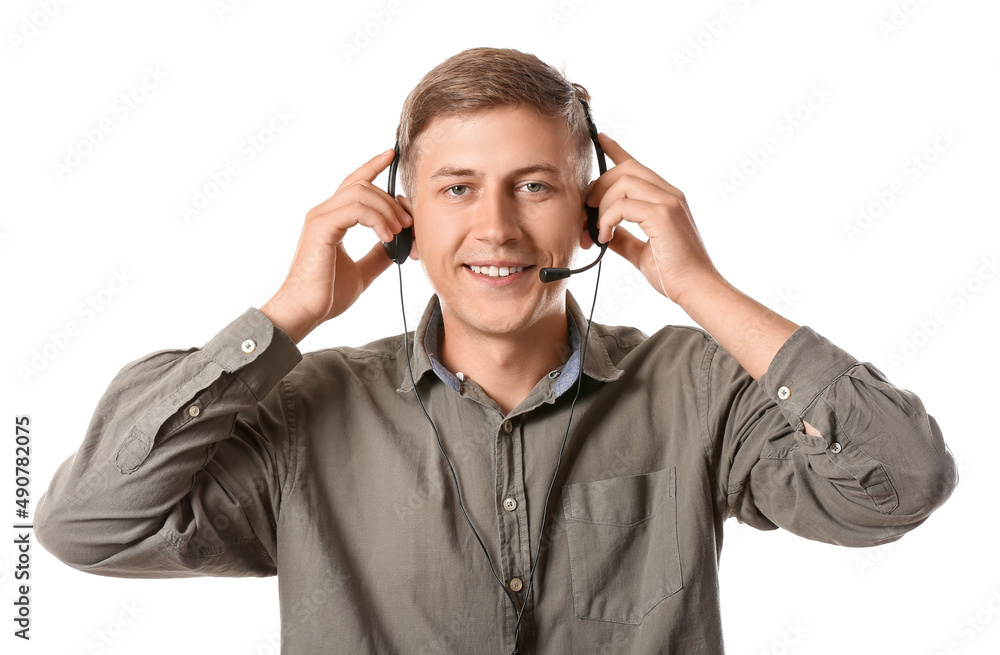 Young consultant of call center in headset on white background