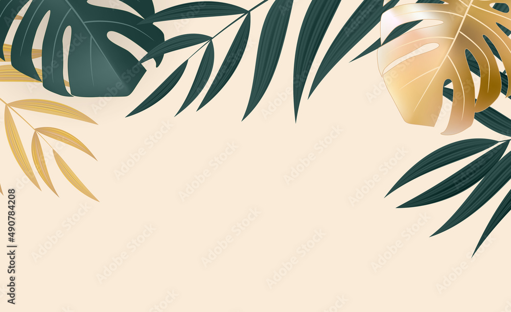 Natural Realistic Green and Gold Palm Leaf Tropical Background.  illustration