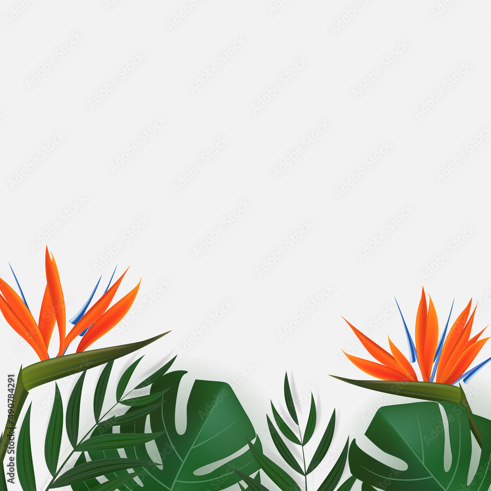 Natural Realistic Green Palm Leaf with Strelitzia Flower Tropical Background.  illustration