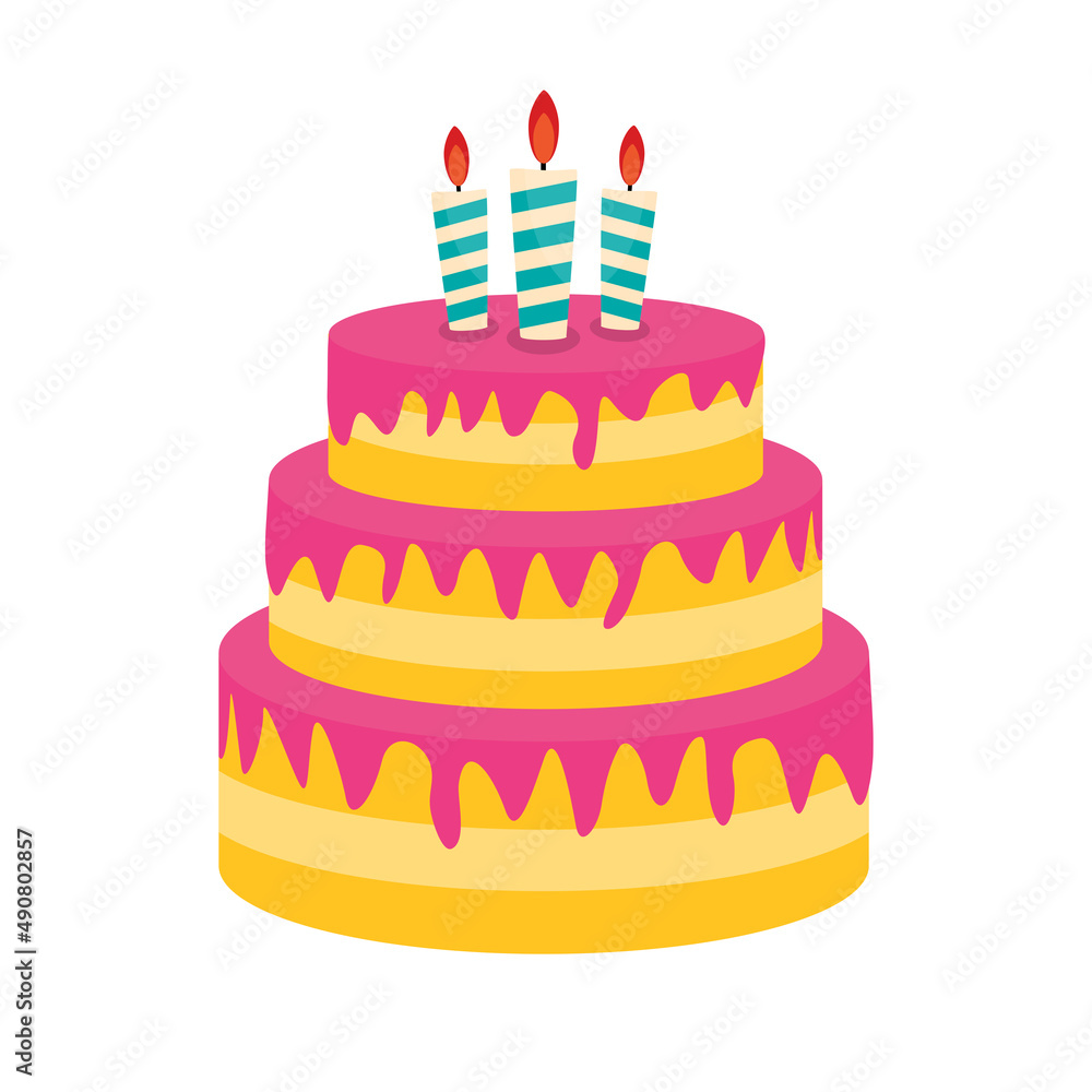 Cute Birthday Cake Icon with Candles. Design Element for Party Invitation, Congratulation. Illustrat