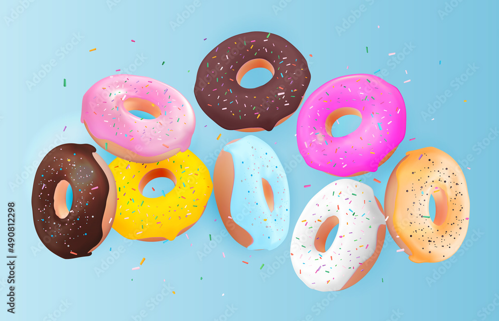 Realistic 3d sweet tasty donut background. Can be used for dessert menu, poster, card. illustration