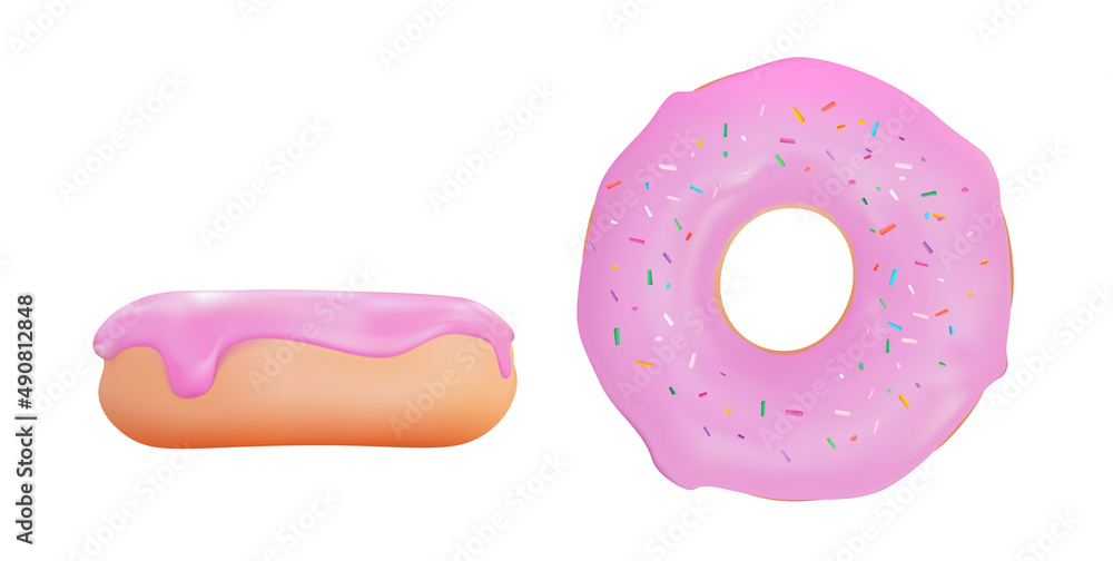 Realistic 3d sweet tasty donut with pink strawberry icing. illustration