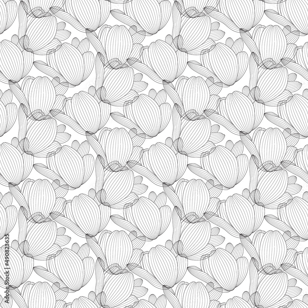 Picture Drawn black and white tulip with a contour line. Full Seamless pattern. Illustration