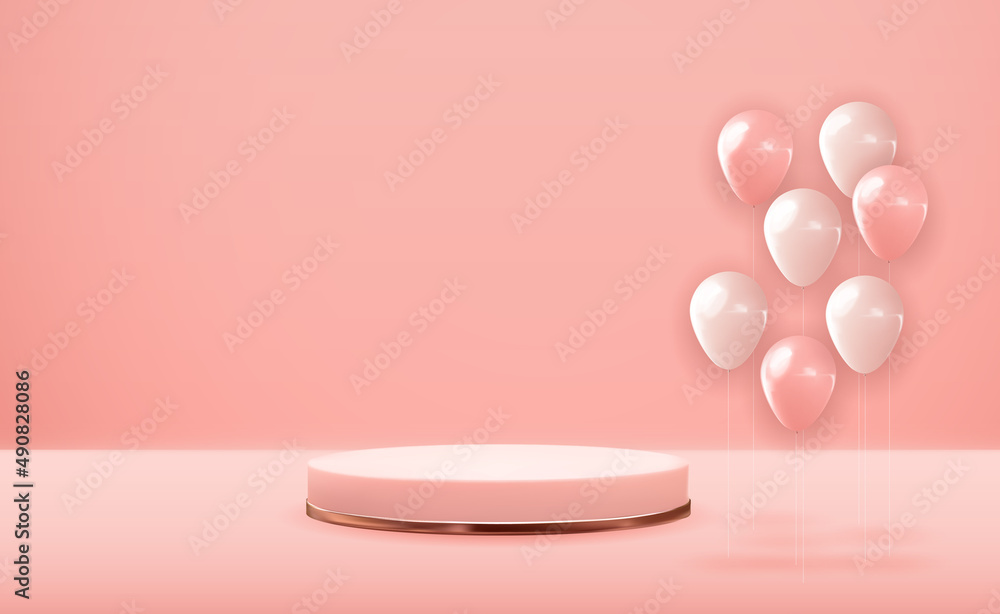 Rose gold pedestal over pink pastel natural background with party balloons. Trendy empty podium disp