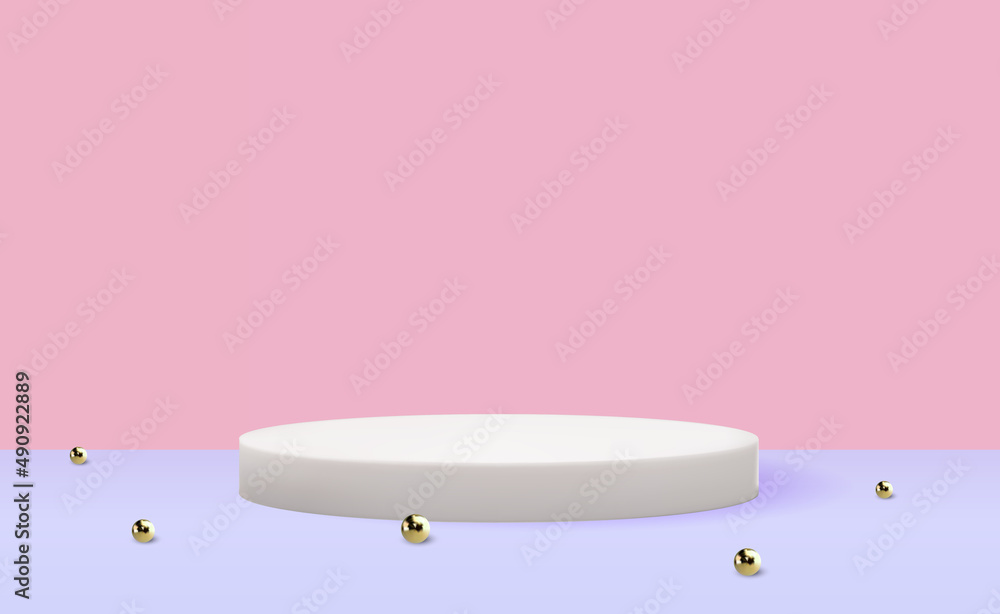 Realistic 3d white pedestal with golden balls. Trendy empty podium display for cosmetic product pres