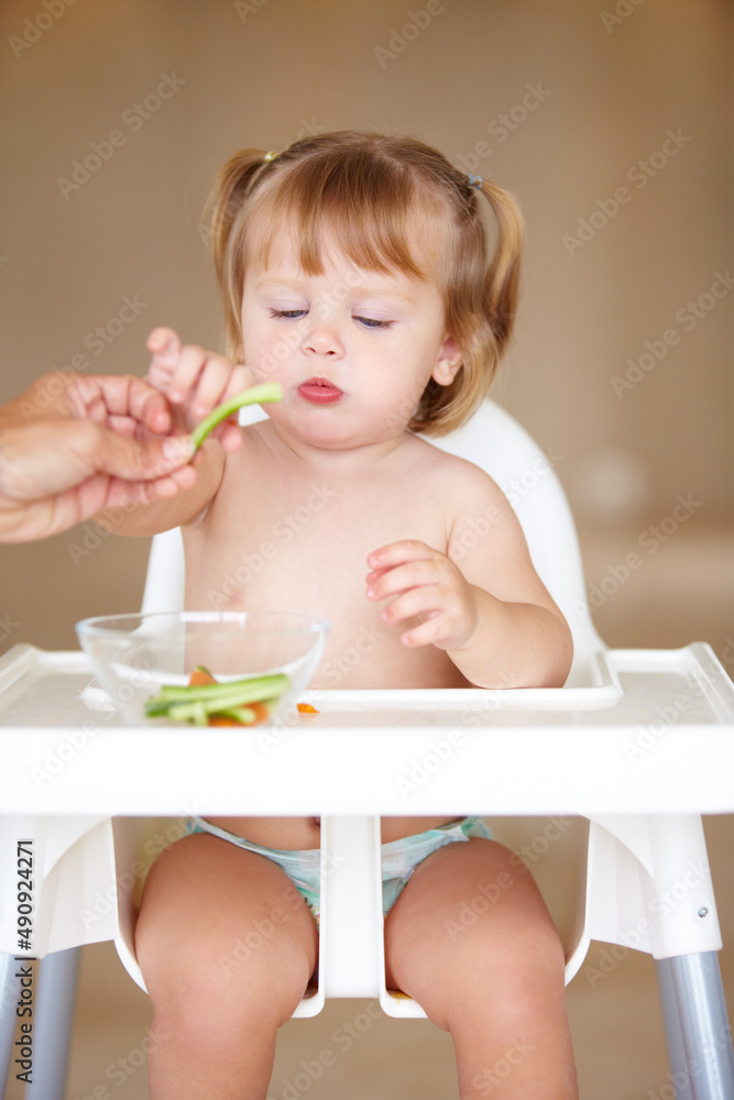 Healthy snacking. A cute little girl being fed by her mother.