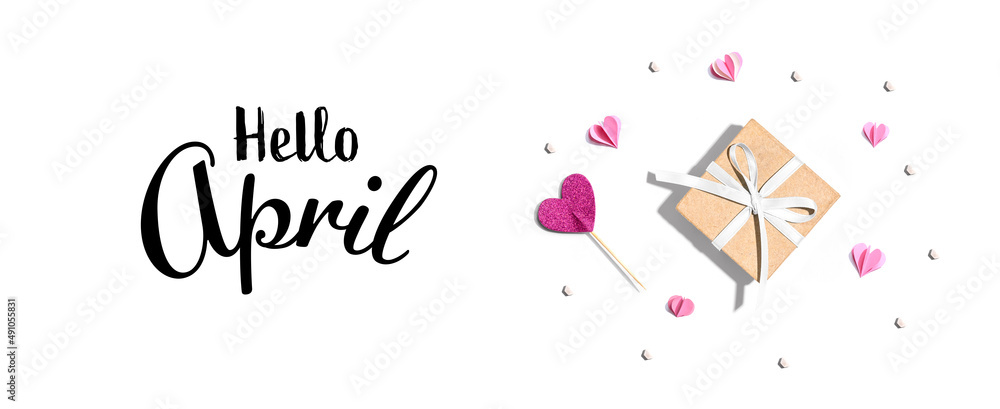 Hello April message with a small gift box and paper hearts