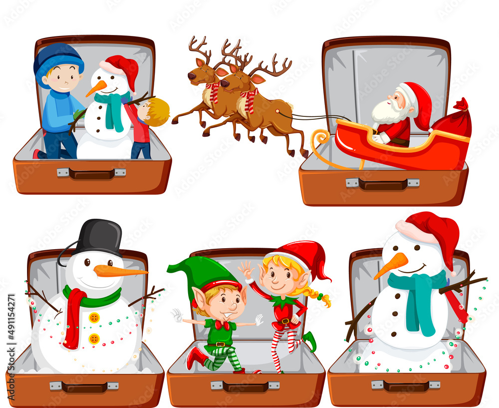 Set of Christmas theme with Santa, snowman in the luggage