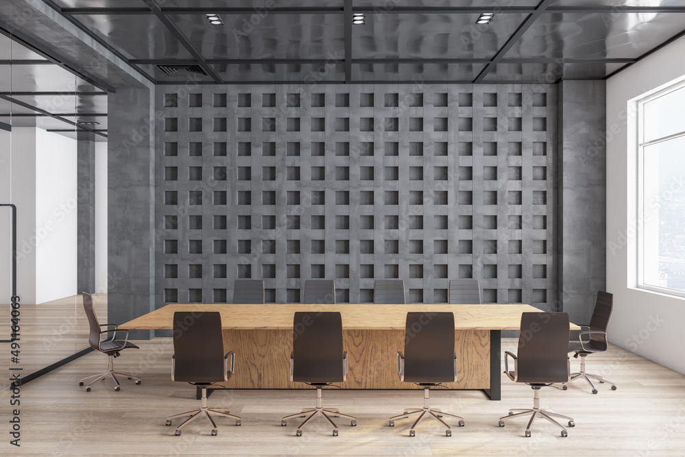 Bright conference room interior with furniture and window with city view and daylight. Wooden concre