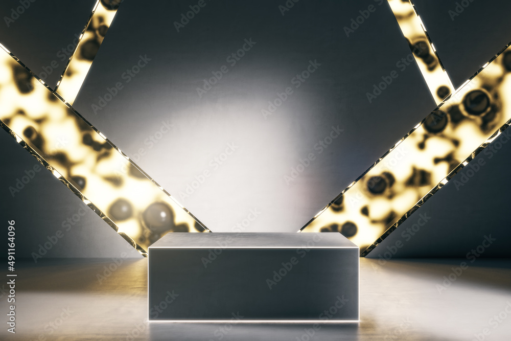 Creative product presentation podium background with glowing lines. Mock up place. 3D Rendering.