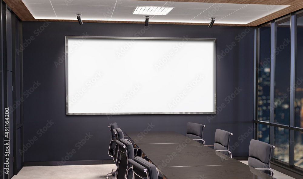 Panoramic frame Mockup hanging in office meeting room. Mock up of large billboard in modern company 