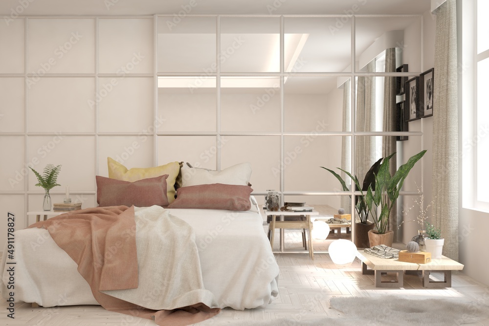 Soft color bedroom interior. Scandinavian design. 3D illustration