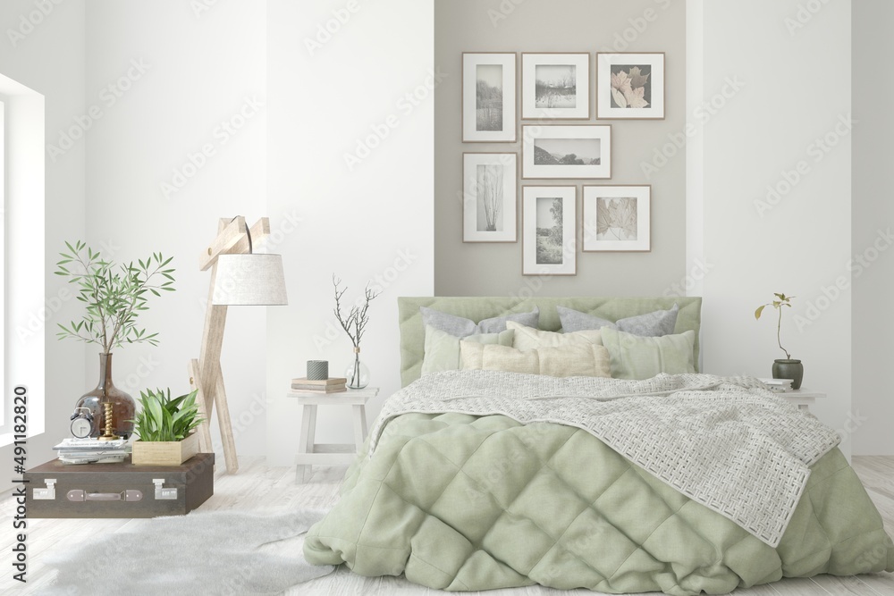 Soft color bedroom interior. Scandinavian design. 3D illustration