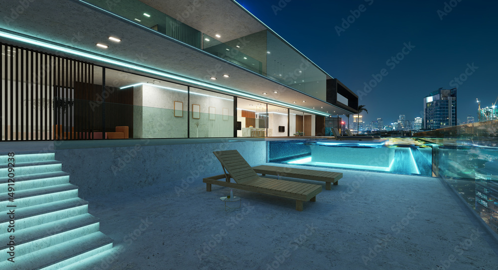 Luxury villa exterior design with beautiful night cityscape at the infinity pool. 3d rendering