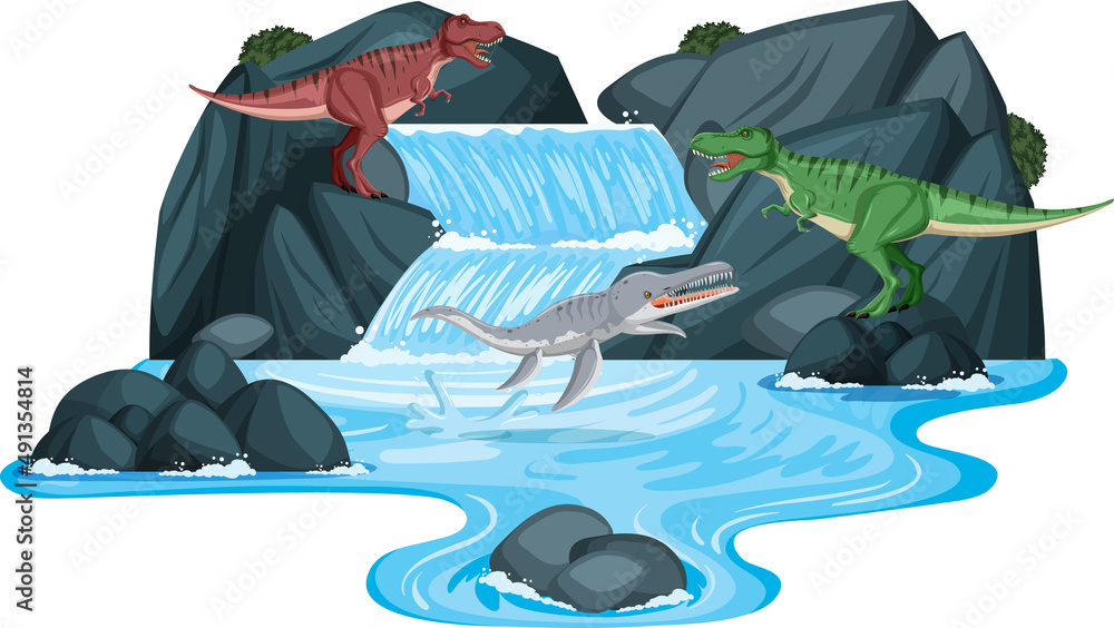 Scene with dinosaurs by the waterfall