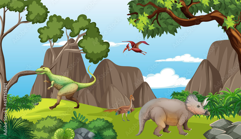 Scene with dinosaurs in the forest