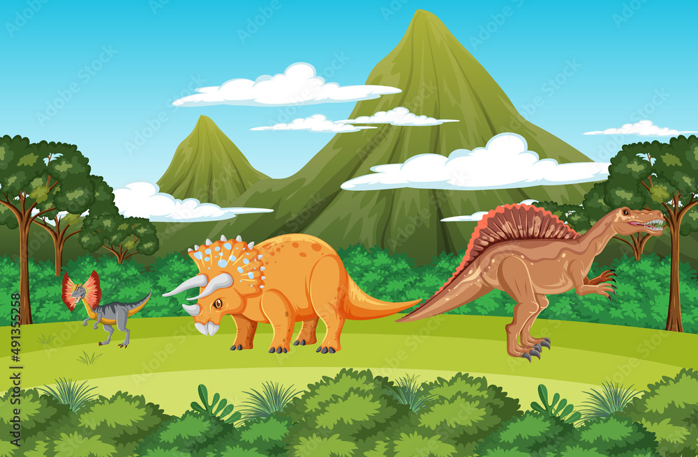 Scene with dinosaurs in the forest