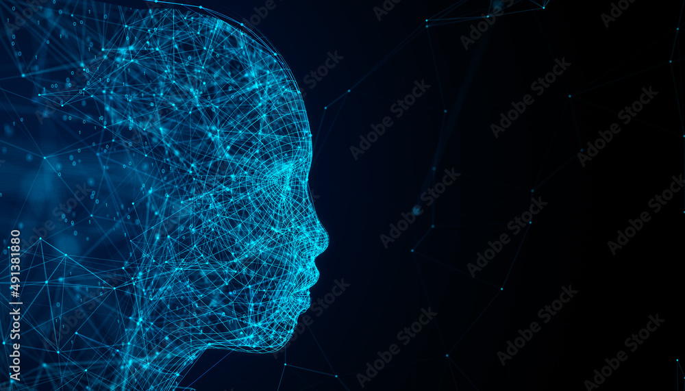 Abstract polygonal head outline on dark background with mock up place. AI and human mind concept. 3D