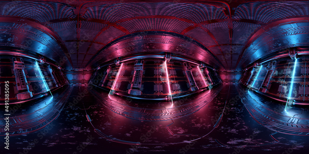 HDRI panoramic view of dark blue pink spaceship interior. High resolution 360 degrees panorama refle