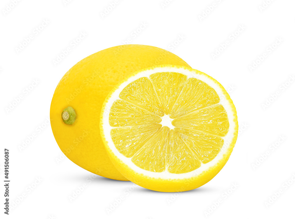 Whole, half of fresh lemon isolated on white background.