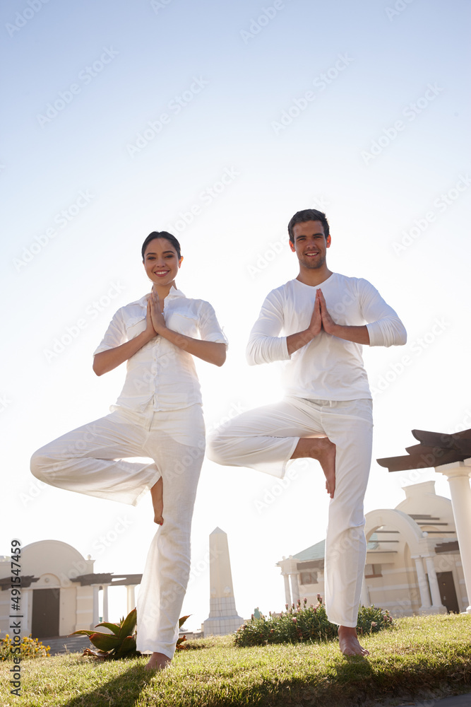 Demonstrating a perfect tree pose. Full length shot of a young couple doing yoga outdoors.