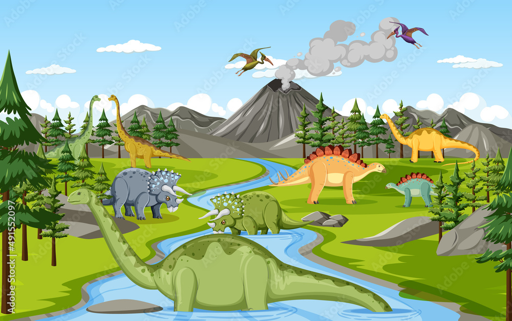 Dinosaur in prehistoric forest scene