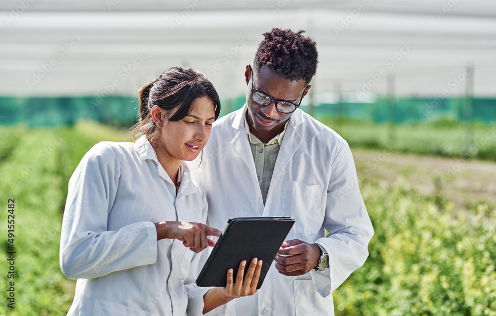 Look at what I discovered earlier. Shot of two young scientists using a digital tablet wile studying