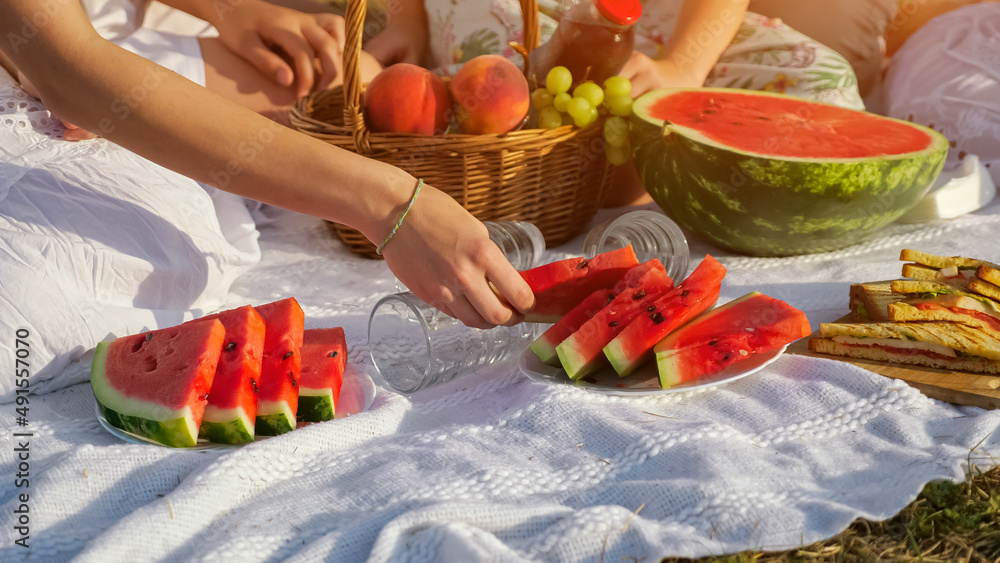 Woman in white dress hand takes slice of watermelon sitting on blanket with family during picnic on 