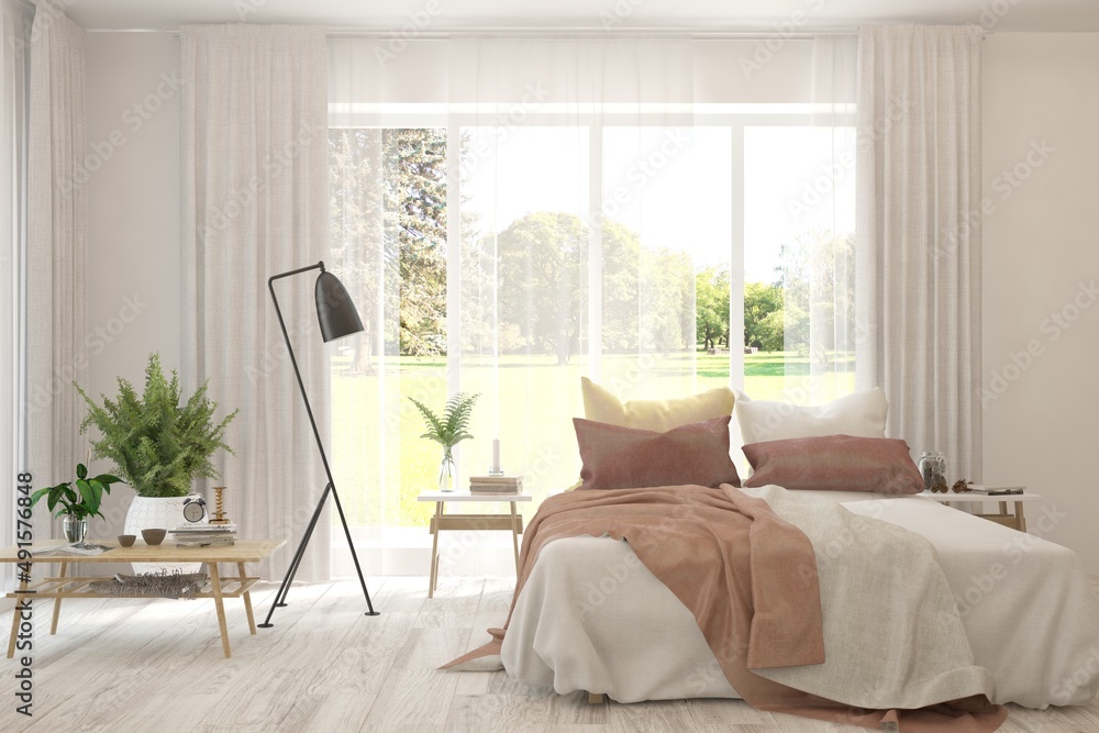 White bedroom interior. Scandinavian design. 3D illustration