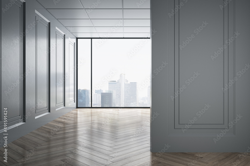 Modern bright corridor with window, bright city view and reflections on wooden floor. Mock up place 