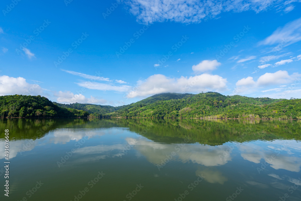 湖面或池塘上的云层与山地热带林地的美丽倒影