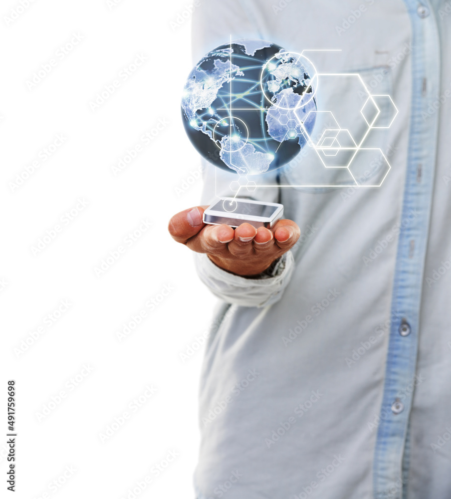 Global power. A close up of a mans hand holding a digital world globe with a white background.