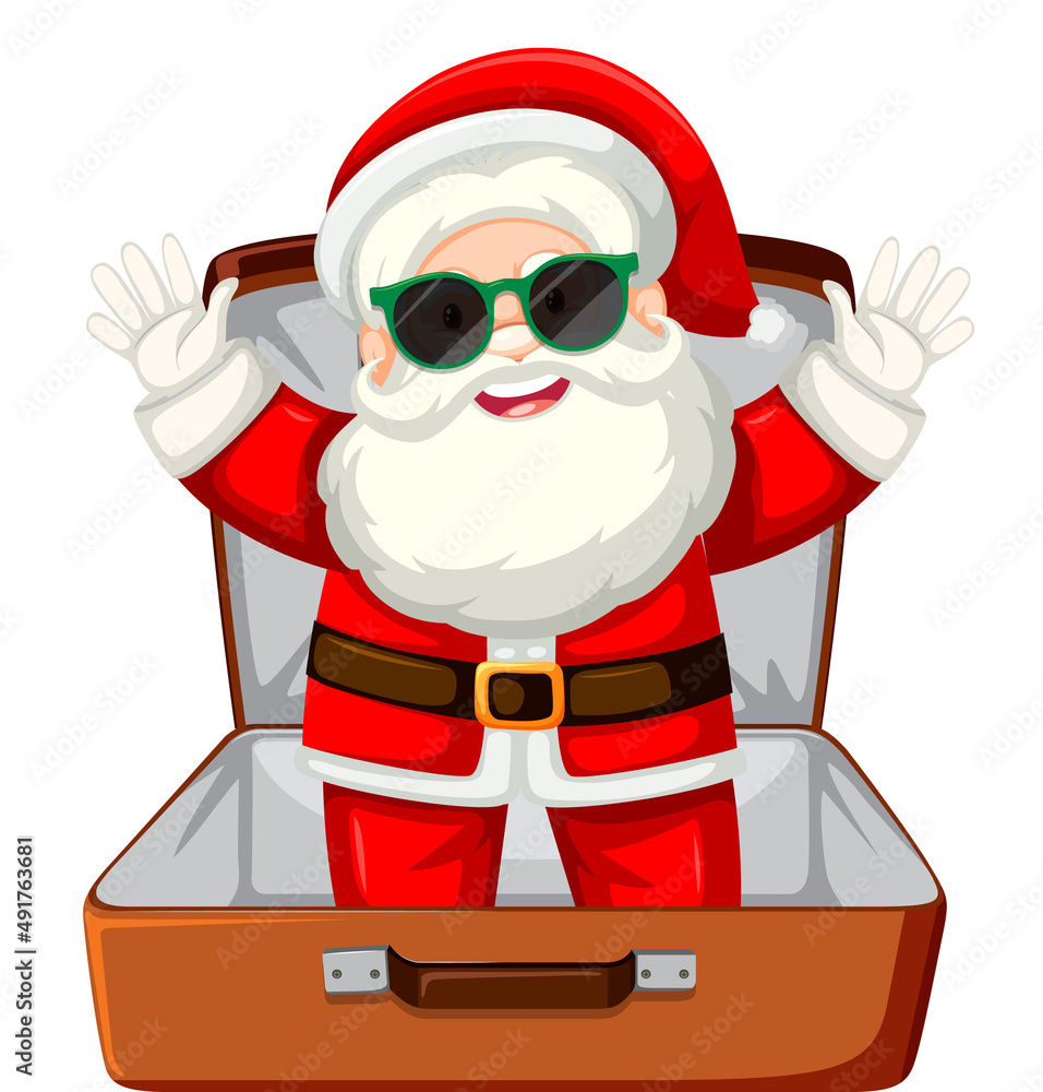 Christmas theme with Santa in a luggage on white background