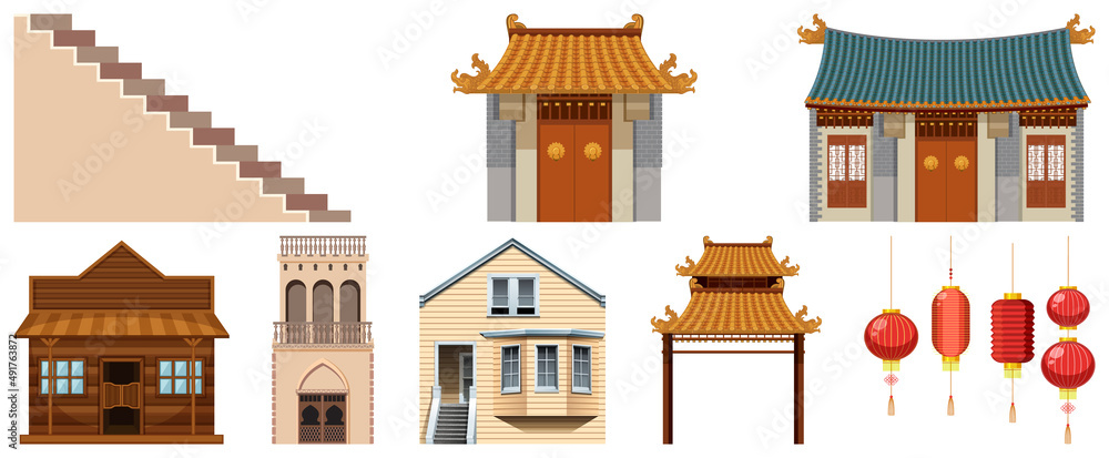 Different designs of buildings on white background