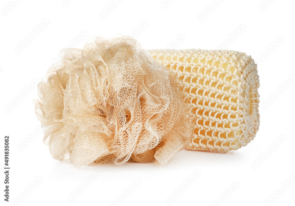 Bath sponges on white background