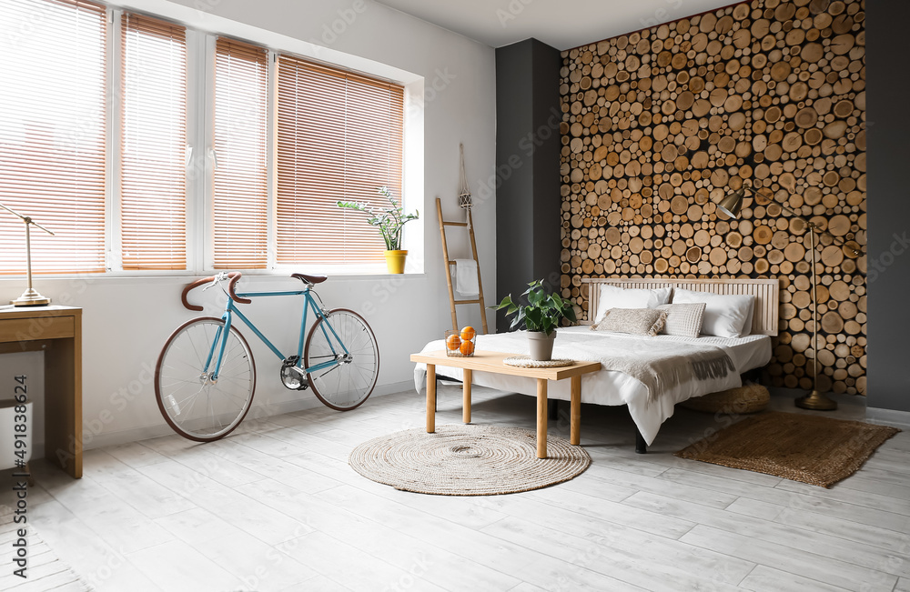 Interior of modern  bedroom with bicycle