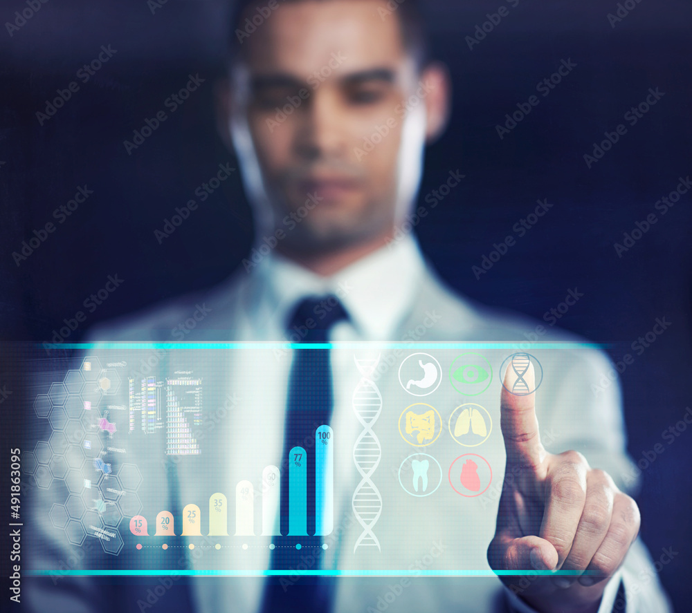 Future medical checkups no doctor required. Concept shot of a young businessman using a digital inte