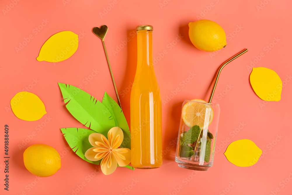 Composition with bottle of fresh soda and lemon on color background