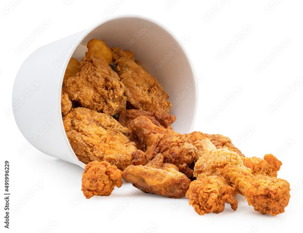 Fried chicken in paper bucket isolated on white background, Fried chicken on white With clipping pat