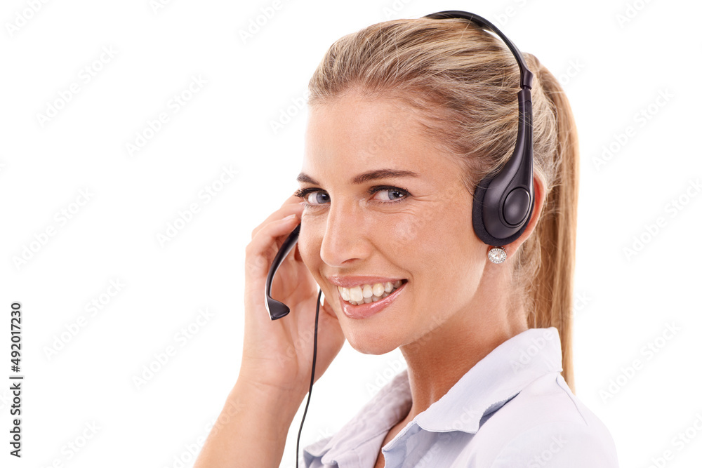 How may I help. A call centre operative speaking over her headset while smiling - cropped.