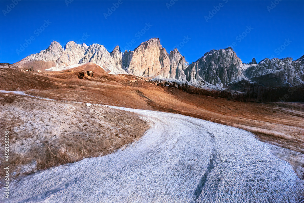 Beautiful winter scenery landscape and snow frosted mountain background in dolomites mountain during