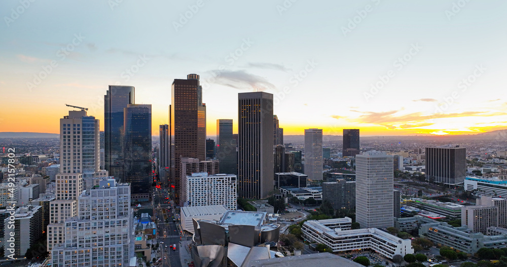 City of Los Angeles, panoramic cityscape skyline scenic, aerial view at sunset, downtown cityscape s